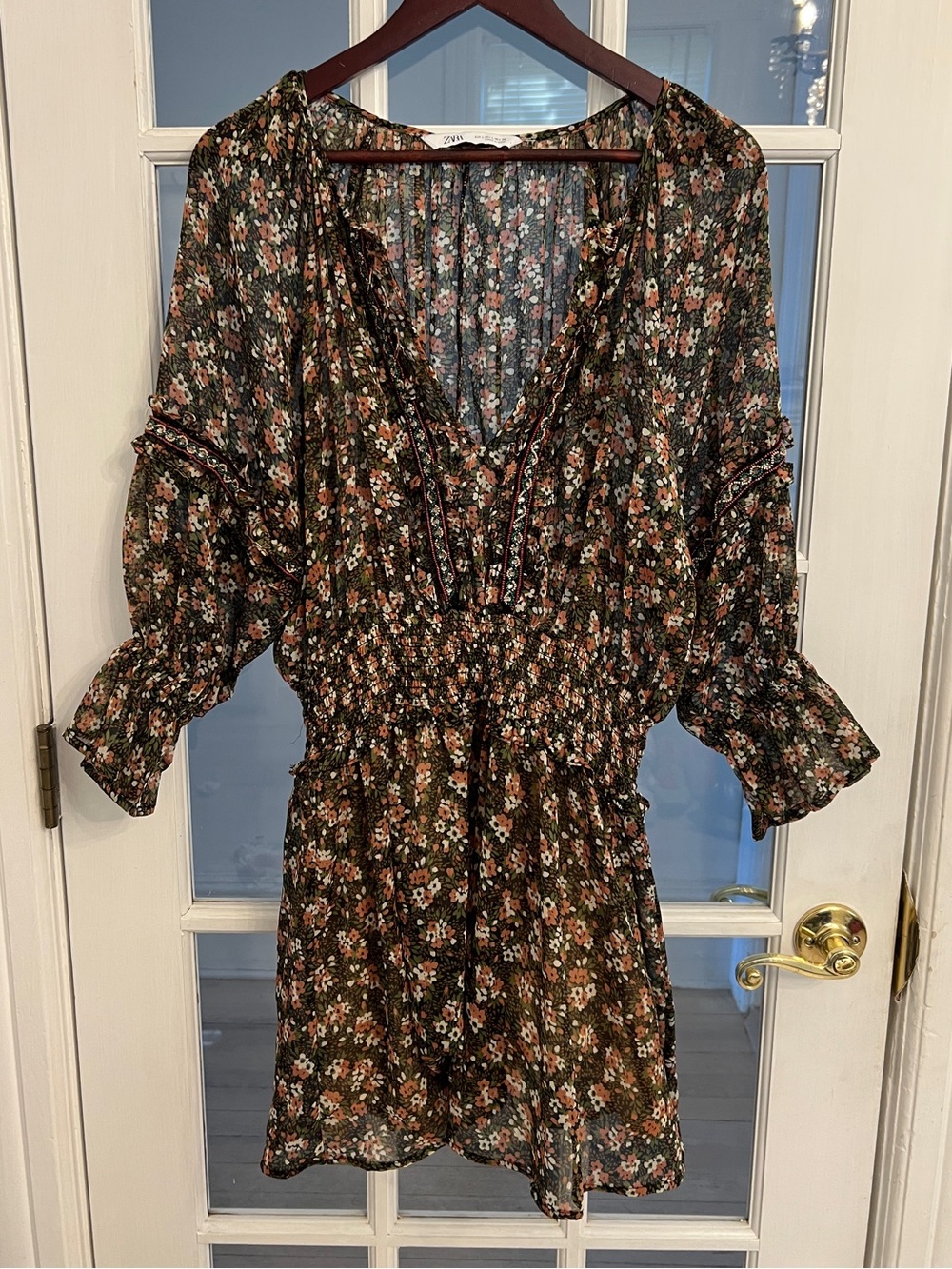 ZARA Women’s Floral Boho Mini Dress Smocked Waist Ruffle Sleeve Green L